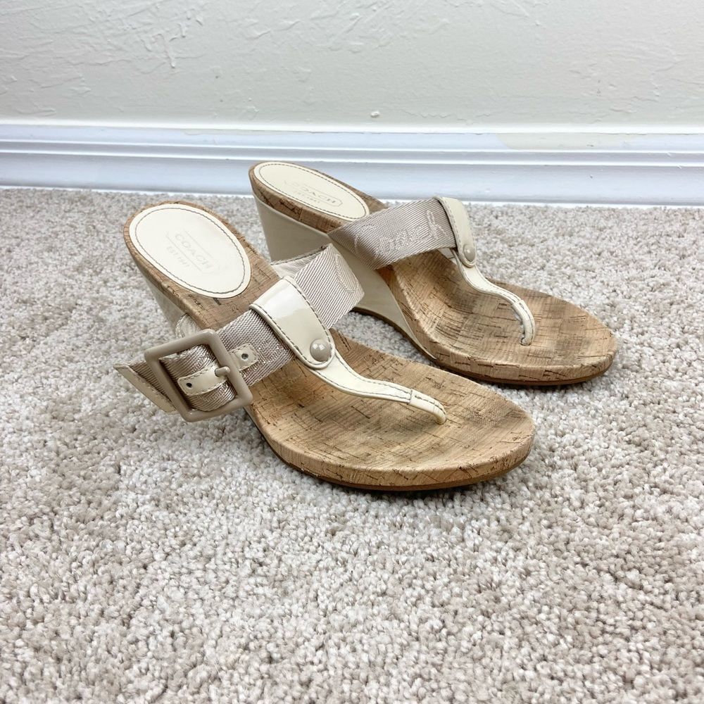 Coach Bernadette Patent T Leather Strap Cork Wedge